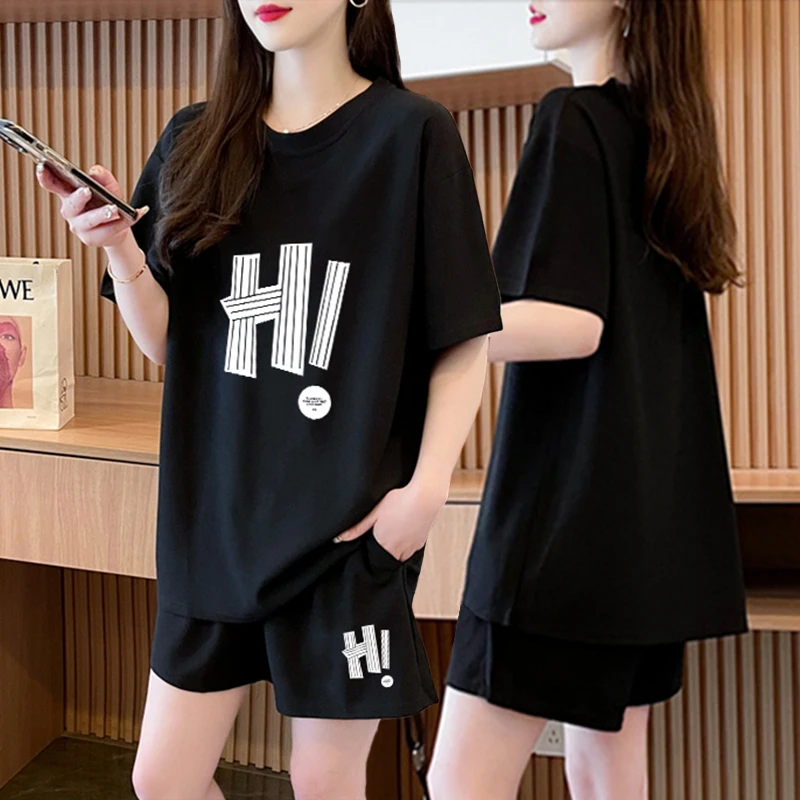休闲百搭纯棉运动套装女夏季2025新款韩版宽松短袖t恤+短裤两件套
