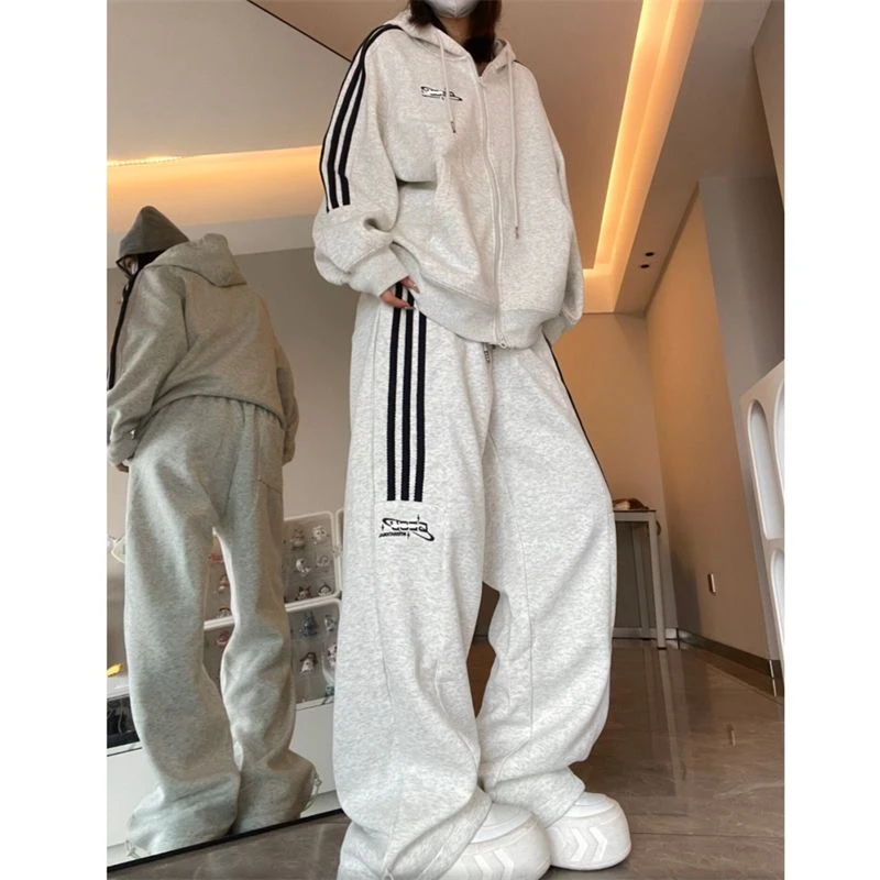 美式复古休闲三条杠纯棉运动服套装女春秋百搭宽松卫衣卫裤两件套