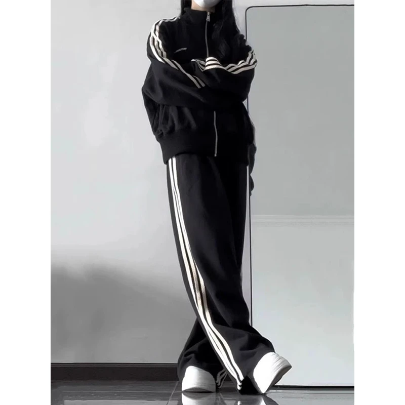 休闲三条杠纯棉运动服套装女春秋季慵懒风宽松韩版卫衣卫裤两件套