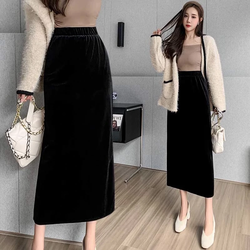 金丝绒显瘦气质半身裙春季时尚百搭开叉裙中长款春秋款百搭款黑色