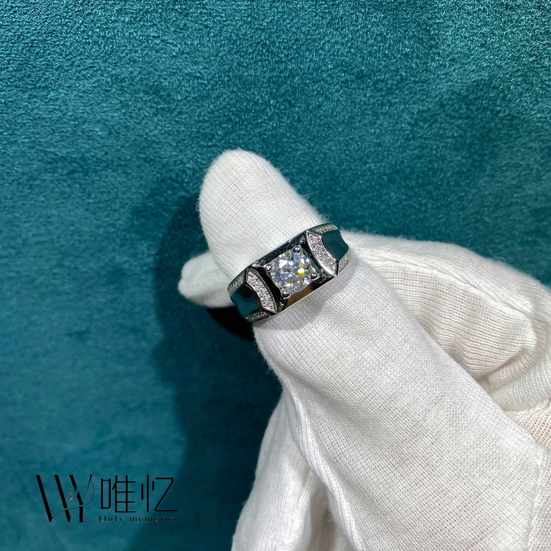 925银莫桑石银制品  双排微镶男戒1-2克拉合成碳硅石