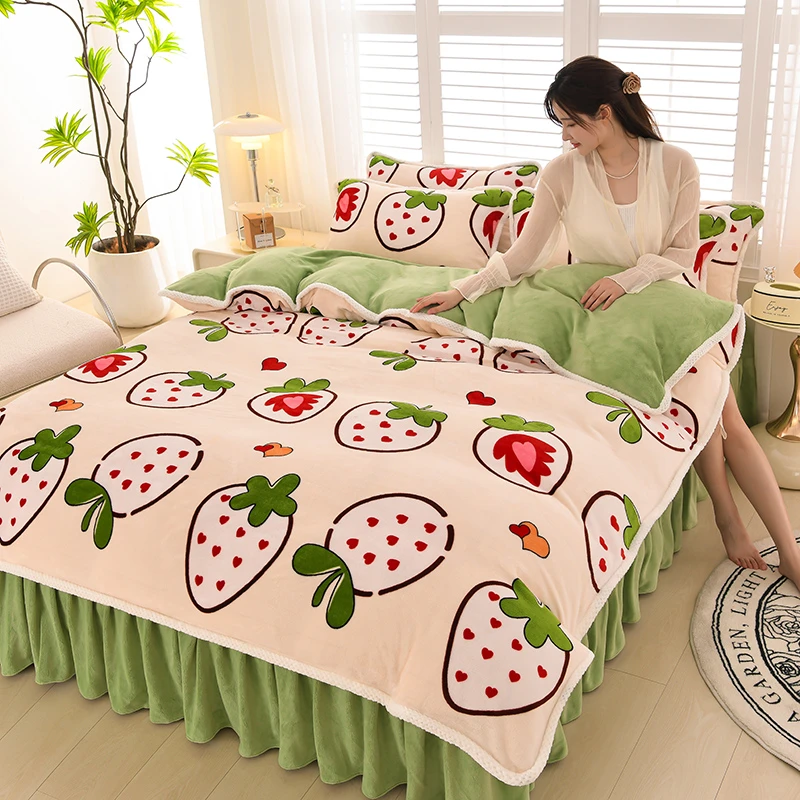 高克重牛奶绒四件套小清新印花床裙加绒加厚抗静电双面绒被套