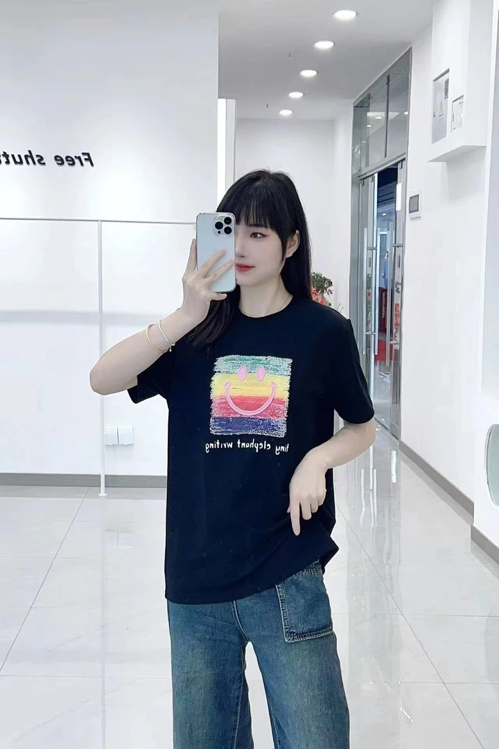 6127衣长63韩式彩色笑脸印花白色短袖T恤女潮夏洋气独特显瘦上衣