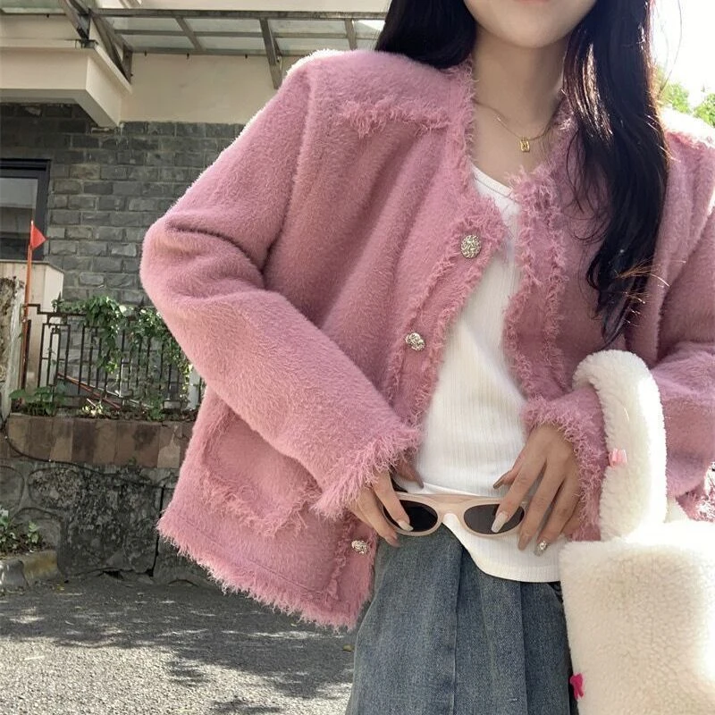小香风仿水貂绒毛衣外套女韩版秋冬宽松慵懒风口袋流苏针织开衫女