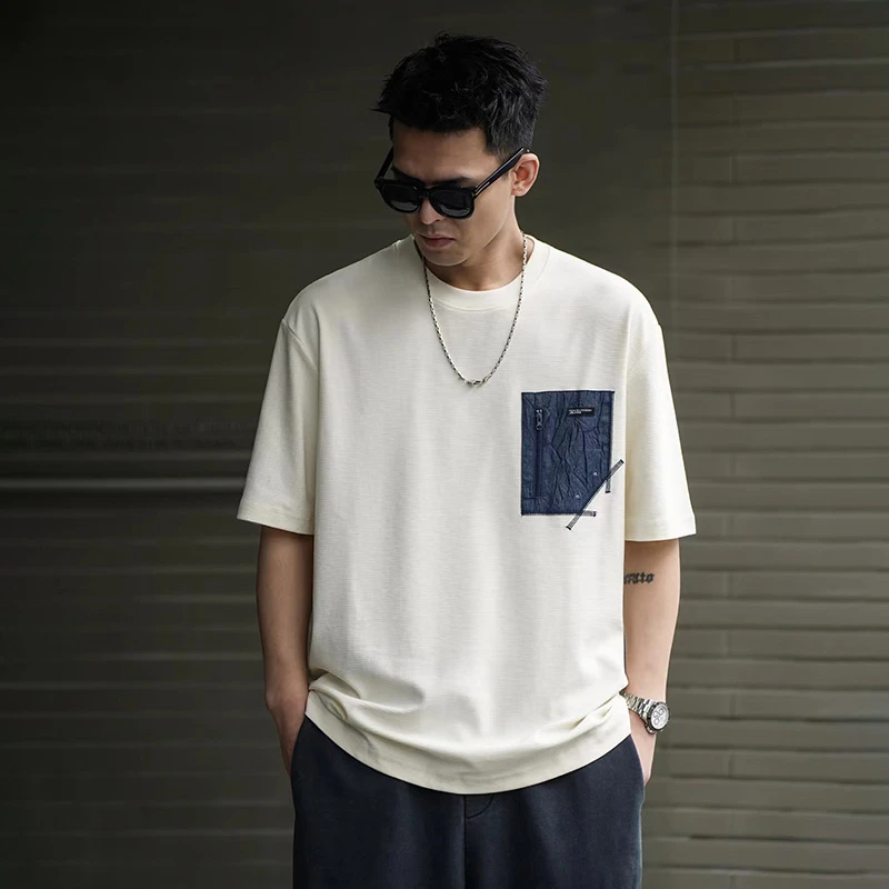 2024夏季新款时尚潮流撞色口袋宽松百搭男士短袖体恤