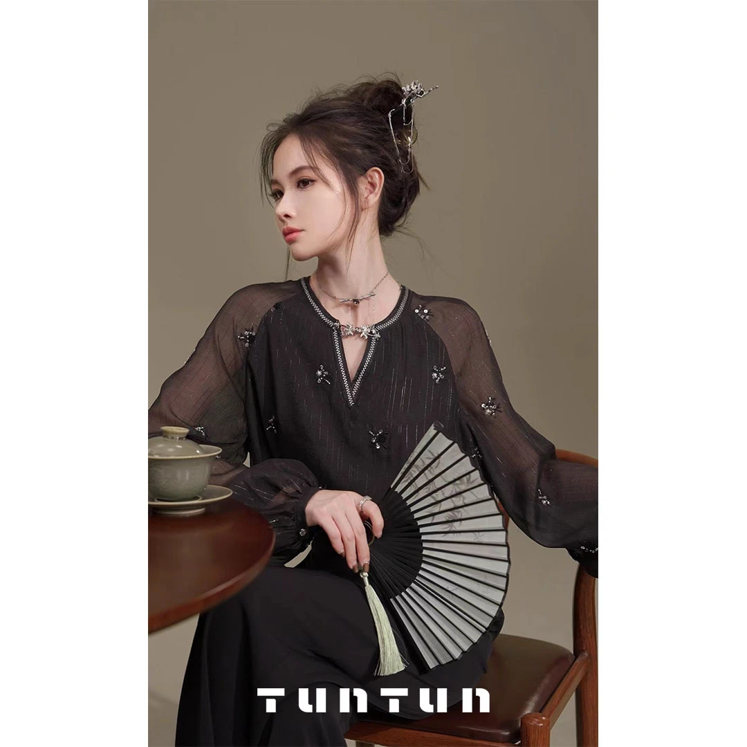 吞吞TUNT【飞花令 】清冷仙气 精致亮片刺绣设计感国风衬衫4
