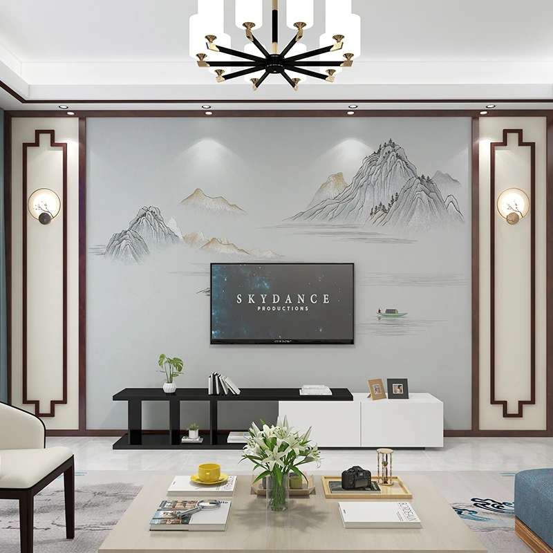 独秀新中式山水画高档客厅电视背景墙布独绣高端无缝彩金刺绣壁布