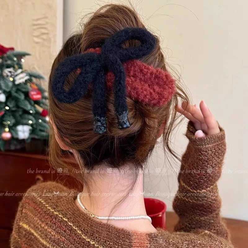 秋冬毛绒大蝴蝶结大号鸭嘴夹一字发夹高级感简约百搭抓夹A263