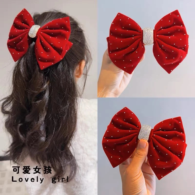 红色蝴蝶结发夹新年发饰在逃公主后脑勺大号发卡过年头饰A171.