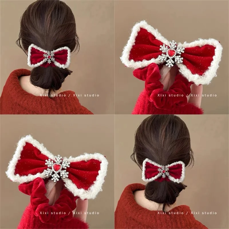 新年好呀！红色植绒蝴蝶结肠圈雪花爱心水钻头绳绑发盘发器A287