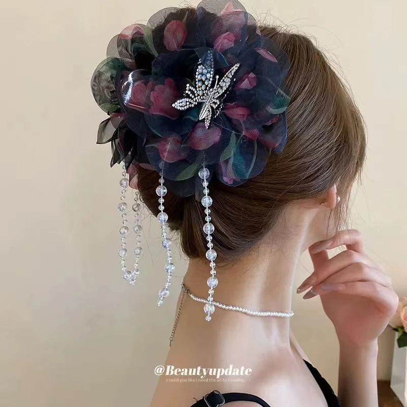 夏季温柔唯美蝴蝶结流苏抓夹森系少女心鲨鱼夹甜美时尚发饰