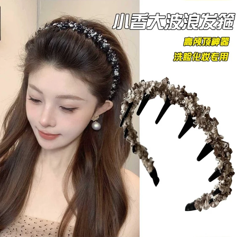 小香风编织波浪发箍新款洗脸带齿防滑压发卡高颅顶蓬松头箍A00