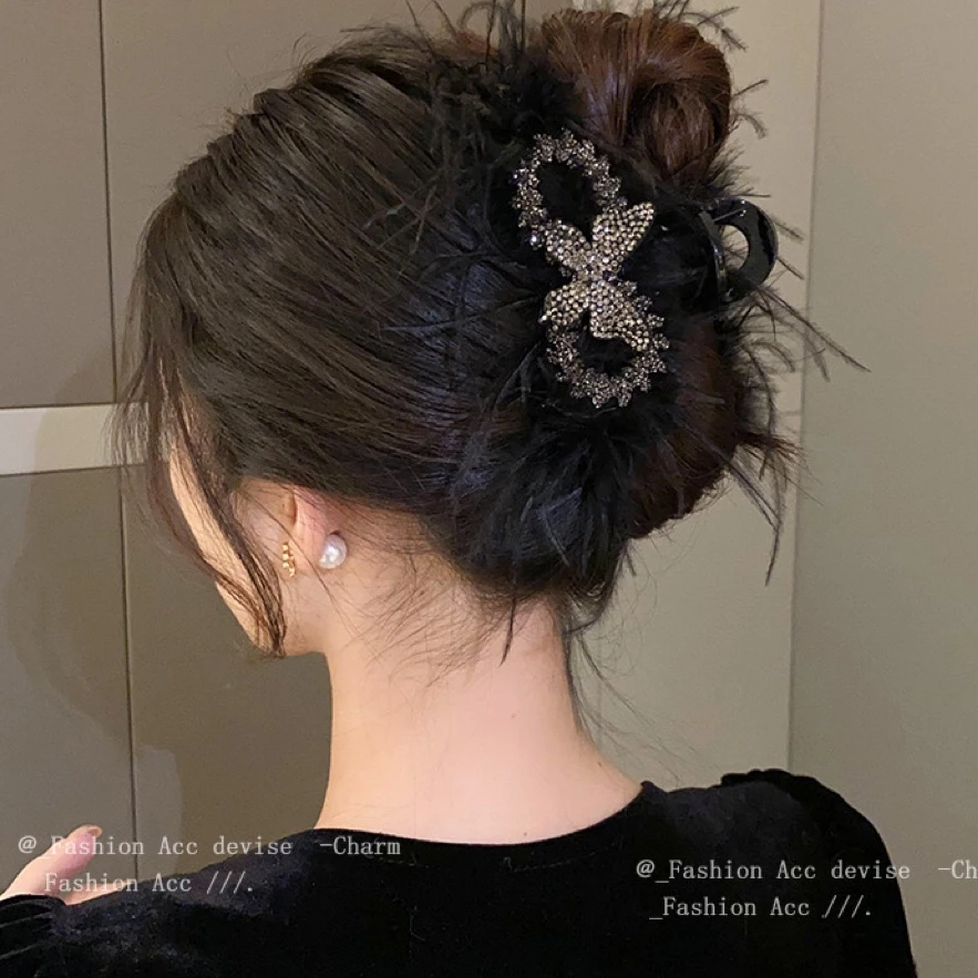 黑色精致水钻双面麦穗蝴蝶羽毛发夹勺丸子头大号鲨鱼发饰女A226