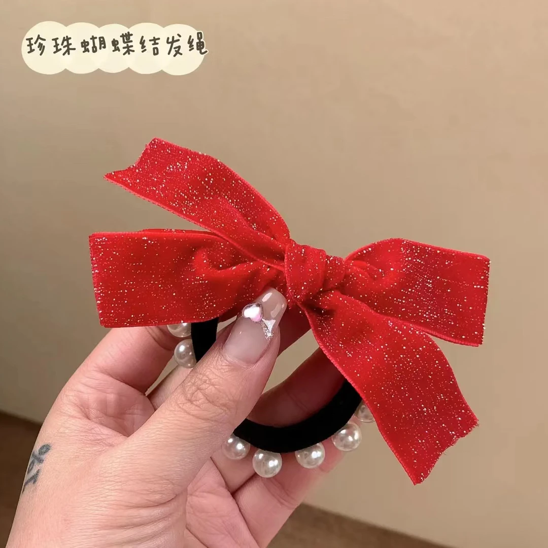2个装~新年红色贝珠丝绒发圈扎马尾头绳儿童过年发饰头饰女A153