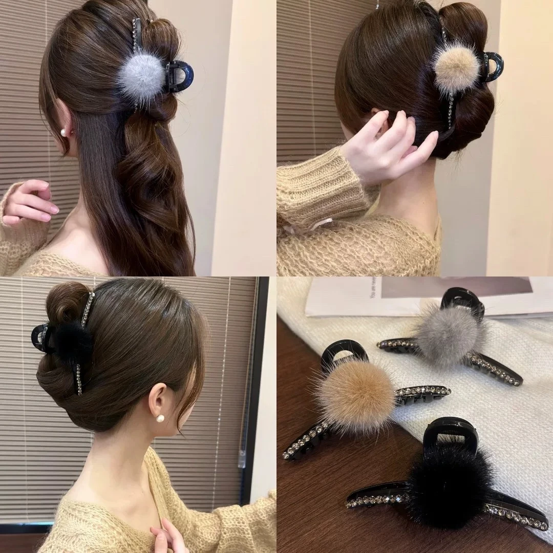 韩国秋冬新款水貂毛球鲨鱼夹高级感闪亮水钻大号抓夹发夹A83