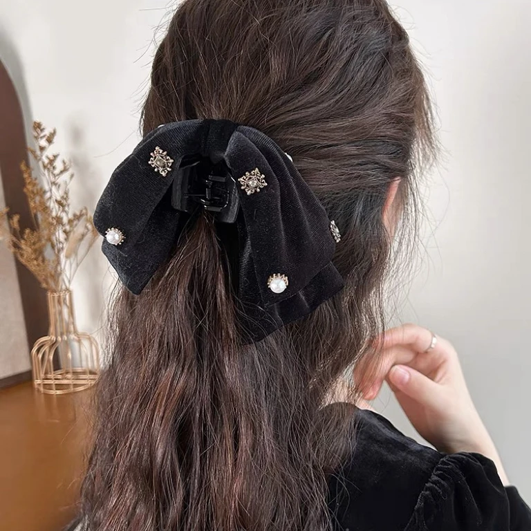 黑色丝绒复古蝴蝶结发夹显发量抓夹头饰法式发饰五金女孩A178