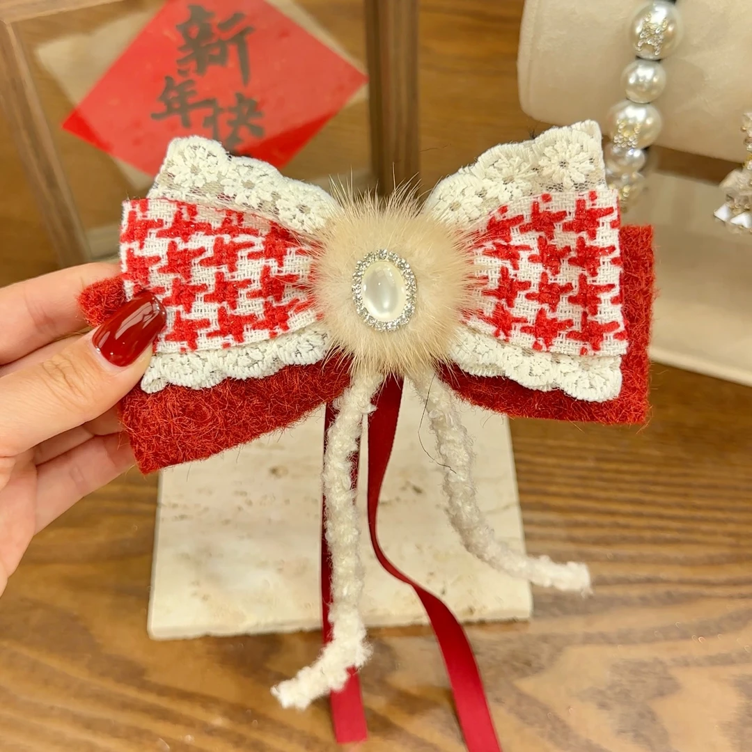 新年红色格子羊毛毛绒弹簧夹新年过年发夹子头饰发饰