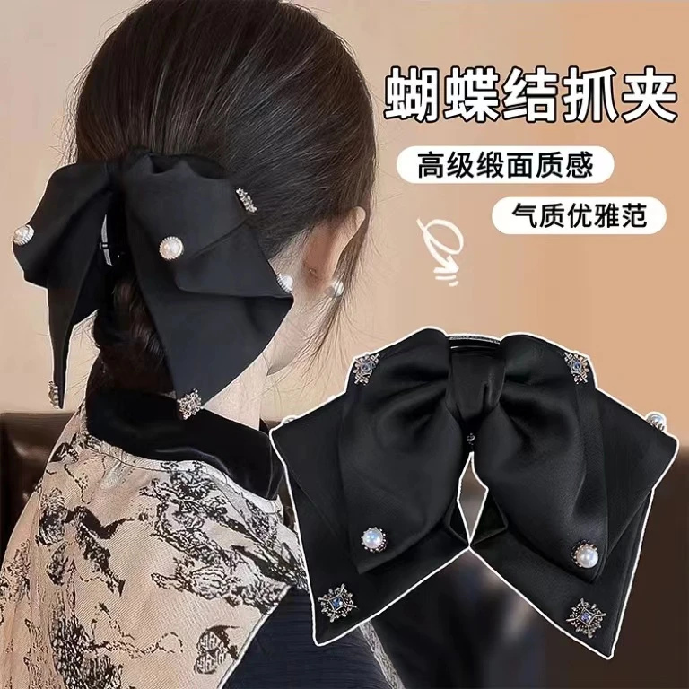 高级感缎面蝴蝶结抓夹鲨鱼夹优雅百搭低马尾夹半扎发夹子A152.