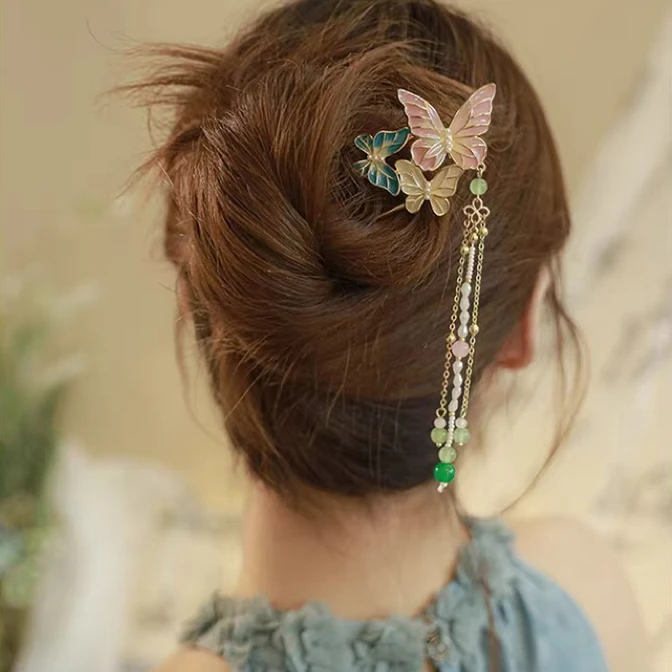 超仙蝴蝶流苏u型发簪女古风汉服发饰盘发簪子新中式国风头饰