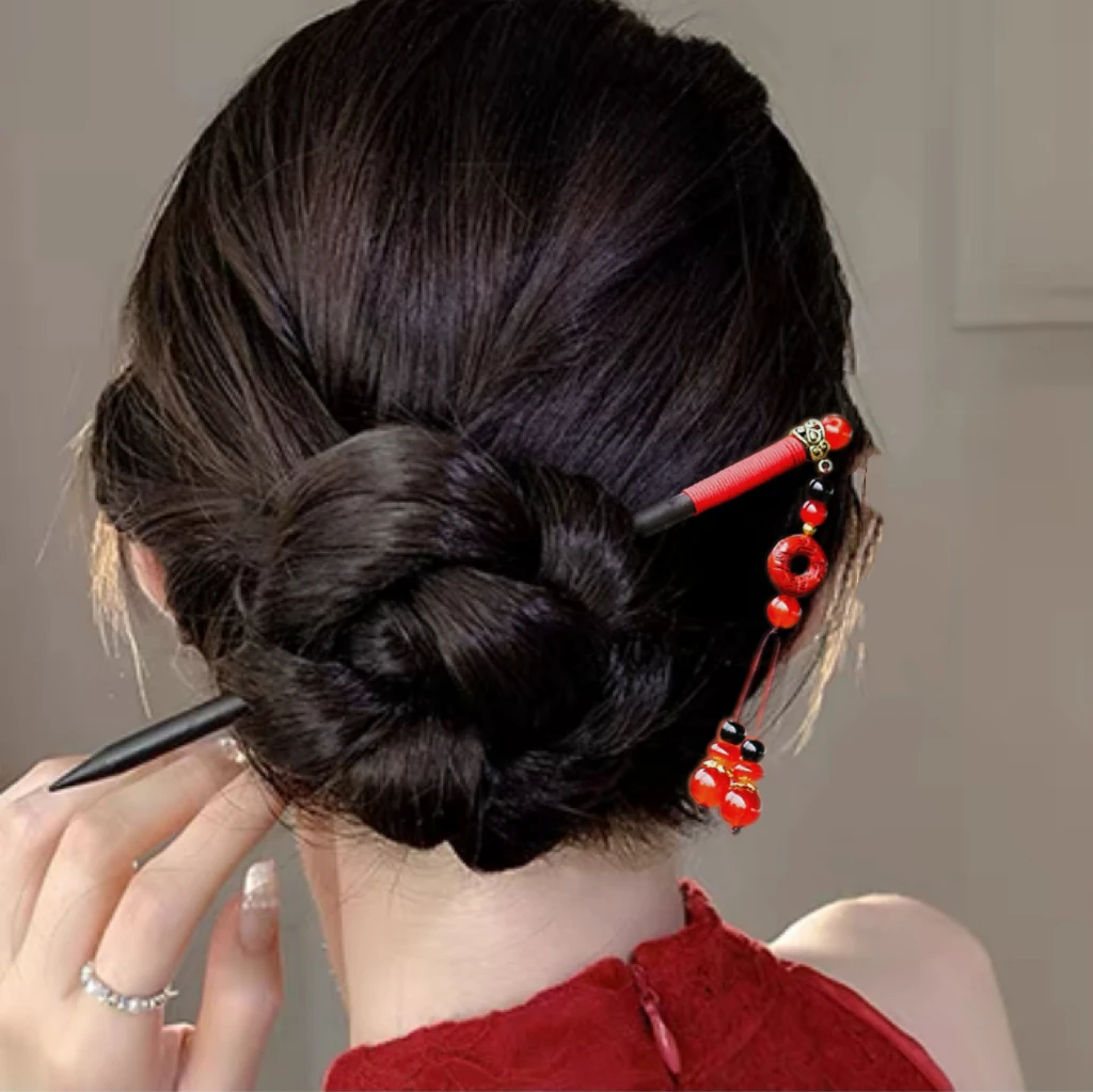 新年红色朱砂木质发簪盘发簪子发钗旗袍头饰过年发饰A167.