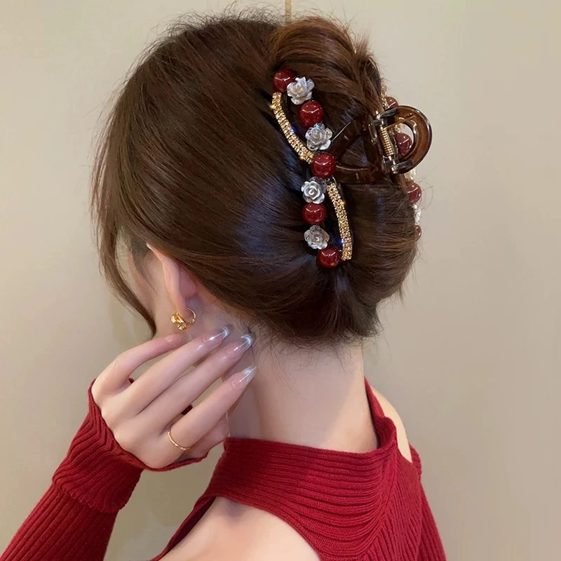 新款红色山茶花大号抓夹女发饰轻奢时尚优雅头饰盘发鲨鱼夹A34