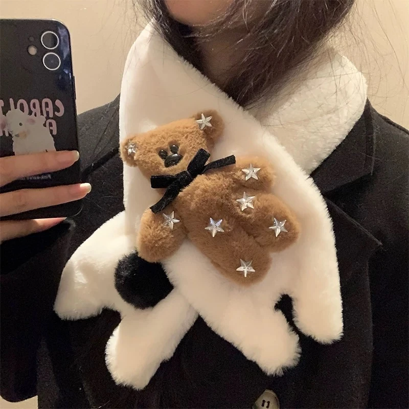 可爱小狗毛绒围巾冬季女新款小巧百搭白色毛茸茸保暖围脖护颈A464