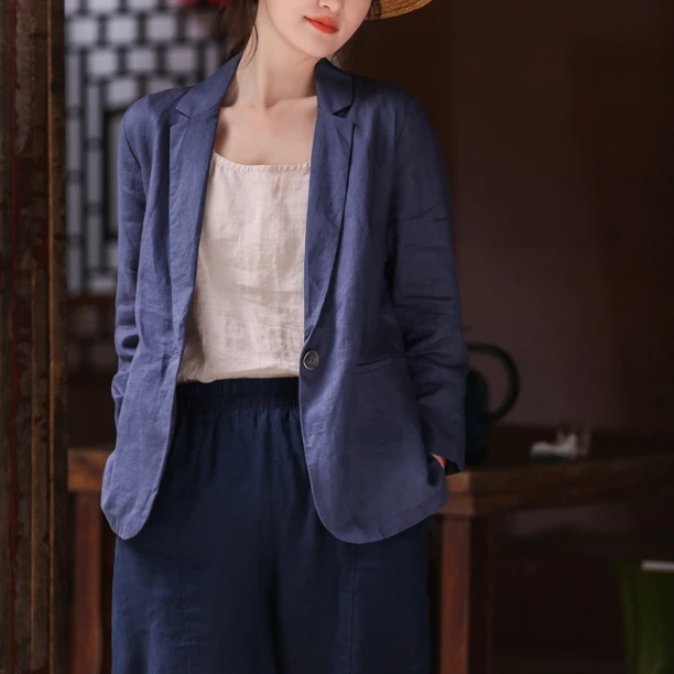 春夏纯雨露亚麻一粒扣小西服短款休闲气质