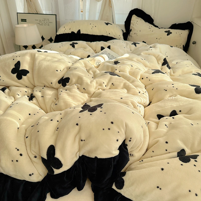 甜美温柔风蝴蝶秋冬加厚牛奶绒四件套软糯公主风花边保暖短绒床品