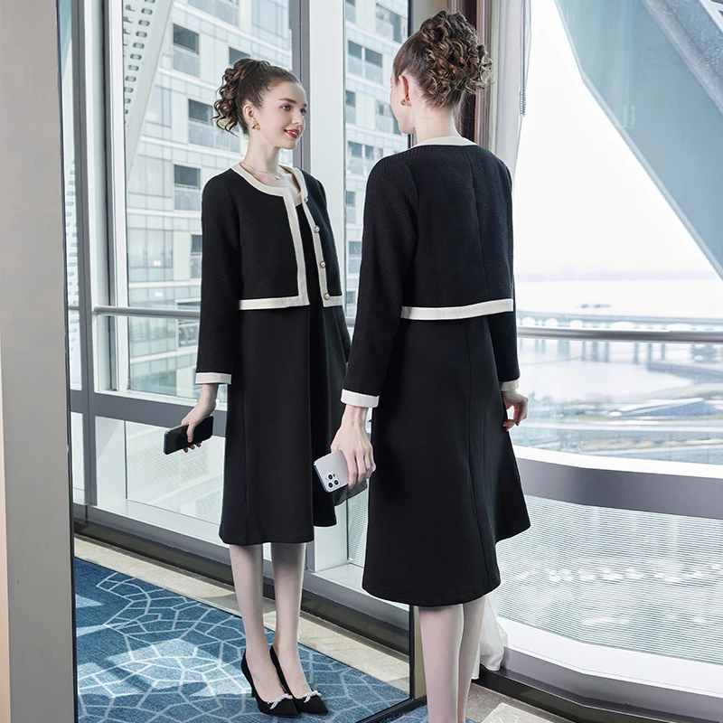 奢姿2024冬季新款大码女装圆领气质套装胖妹妹撞色小香风两件套