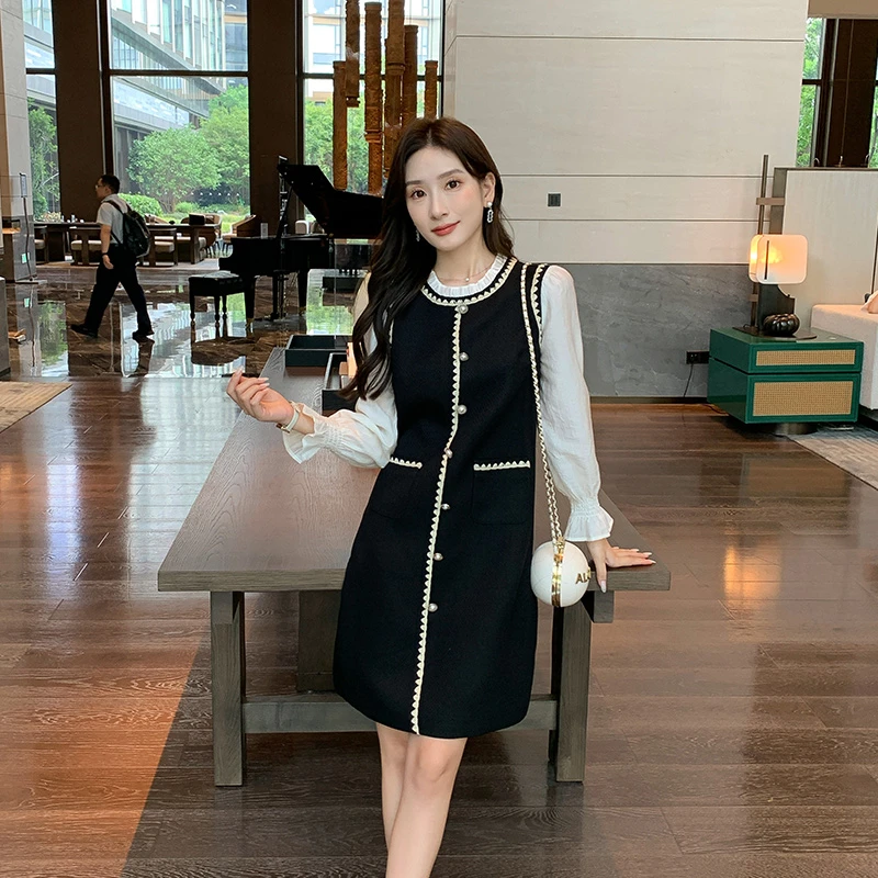 【星河漫步】秋季大码女装木耳边圆领裙子胖妹妹拼接假两件连衣裙