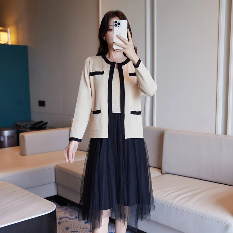 奢姿2024秋装新款大码时尚简约套装胖妹妹撞色外套背心连衣裙套装