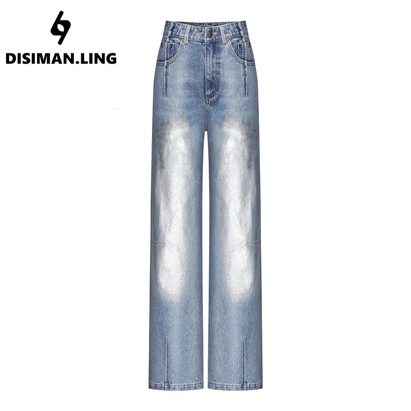 迪丝嫚苓蓝色中腰牛仔裤显瘦早春开春2024宽松设计