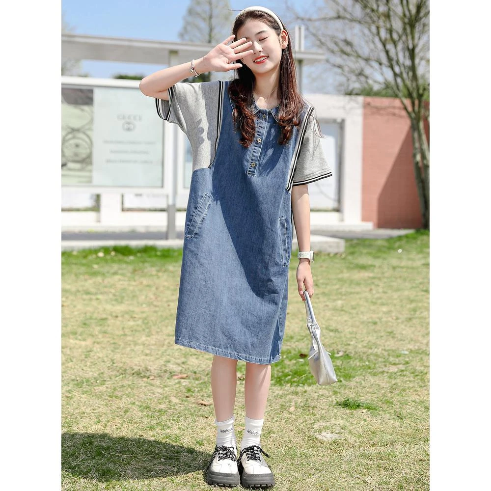【180斤可穿】高初中学生少女大童胖女孩裙子夏大码宽松牛仔连衣裙