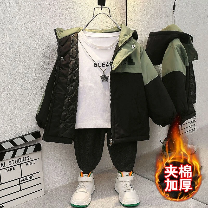 男童加绒夹棉秋冬2023宝宝儿童保暖冲锋风衣中小童休闲上衣棉服潮