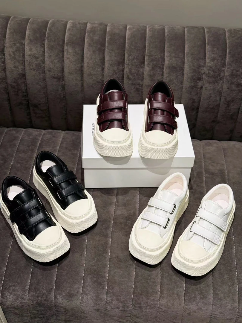 秋季新款韩系小白鞋方头平底魔术贴松糕厚底休闲鞋