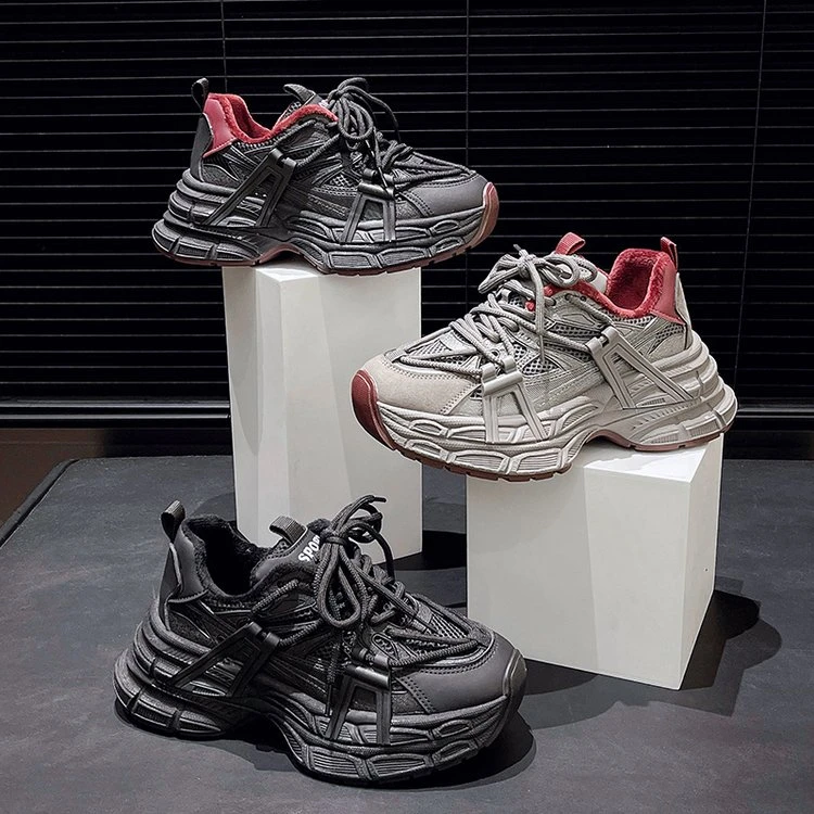 高级感拼色双鞋带厚底老爹鞋秋冬新款轻便增高百搭休闲运动鞋2417