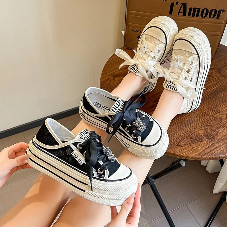 6677新款夏季新款厚底一脚蹬透气两穿休闲板鞋ins系带蕾丝网鞋