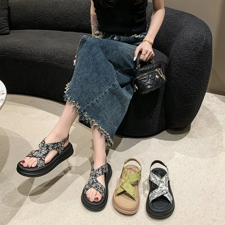 6659新款夏季外穿厚底增高配裙一脚蹬沙滩国风平底罗马鞋