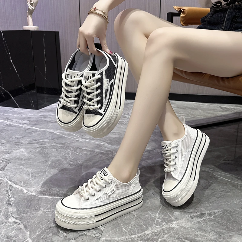 777夏季厚底蕾丝鞋新款百搭小白鞋运动镂空薄款网面女鞋饼干鞋