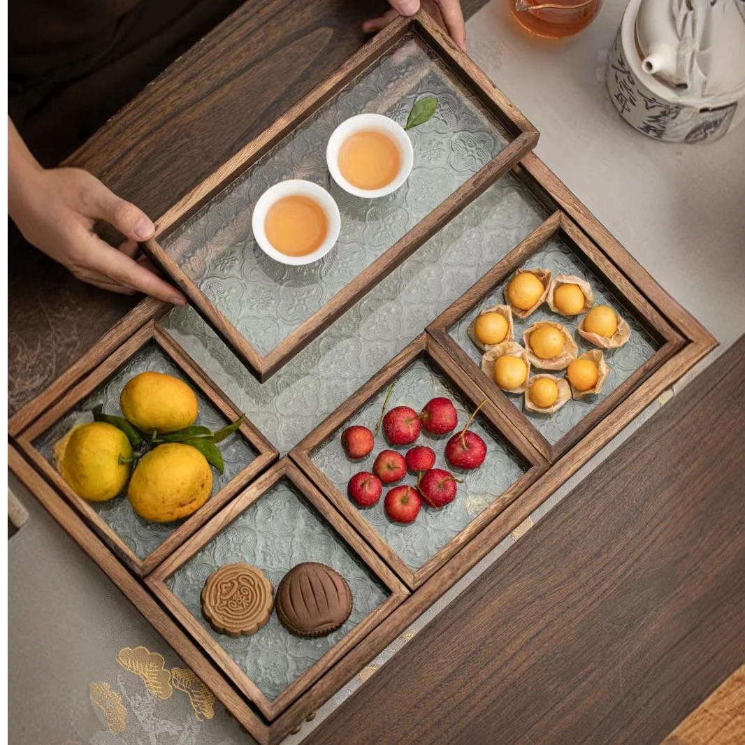 实木六件套海川纹玻璃坚果托盘新中式实木点心盘干果盒茶具收纳盘