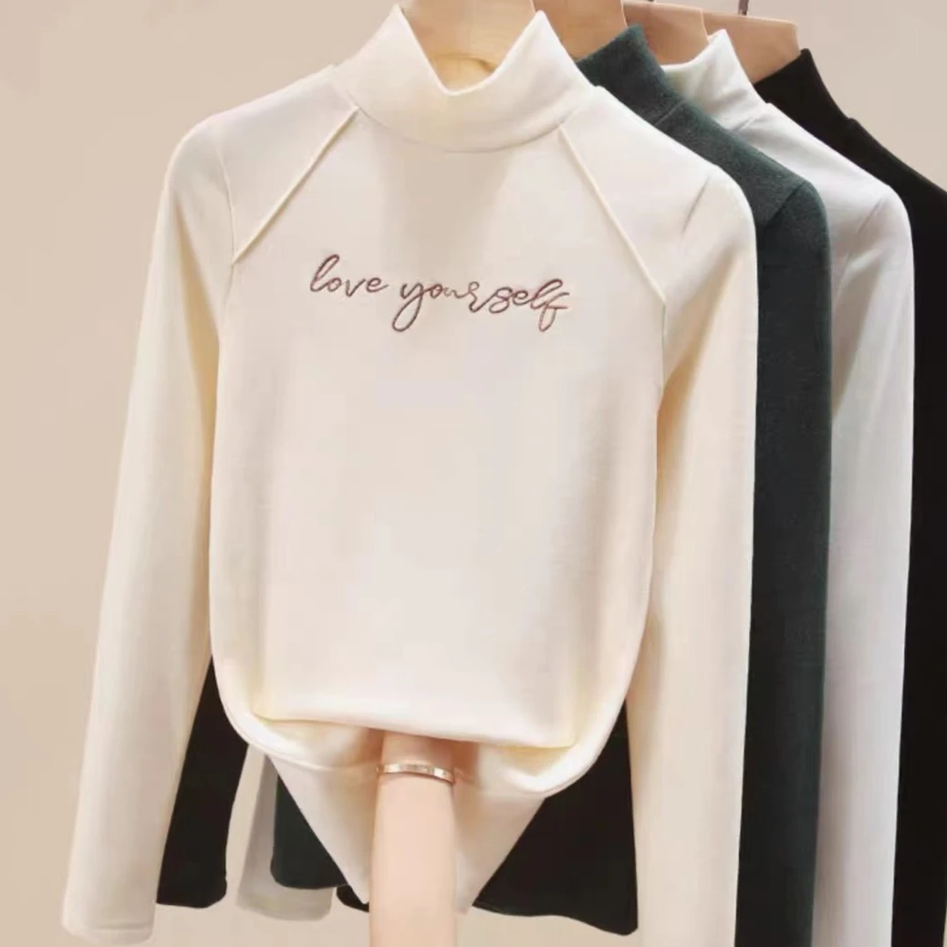 新款德绒秋冬半高领长袖气质百搭保暖时尚洋气修身显瘦女士打底衫