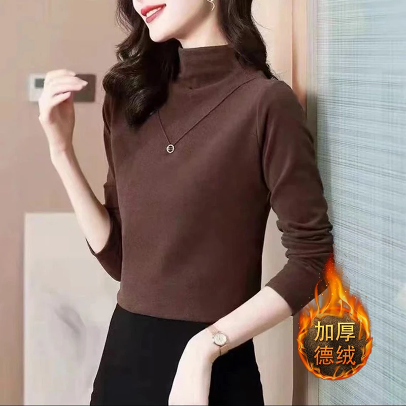 新款双面德绒内搭打底衫女士半高领秋冬洋气时尚气质保暖长袖上衣