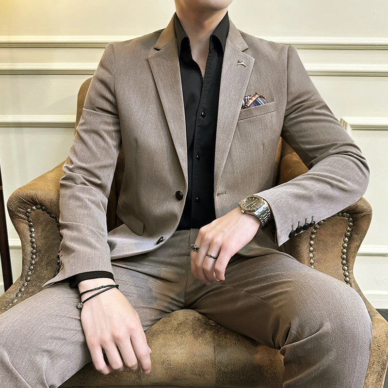 【主播推荐咖啡色套装】韩版修身商务休闲英伦青年西服适合80-230斤