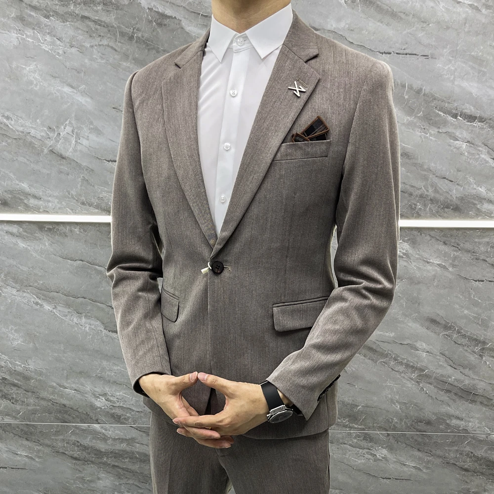 【气质咖啡套装】新郎结婚西服套装男修身商务休闲正装伴郎痞帅西装