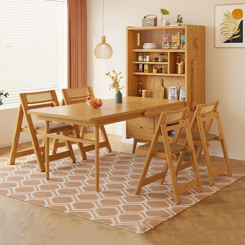 家用小户型伸缩餐桌实木长方形吃饭桌子餐边柜一体折叠餐桌椅组合