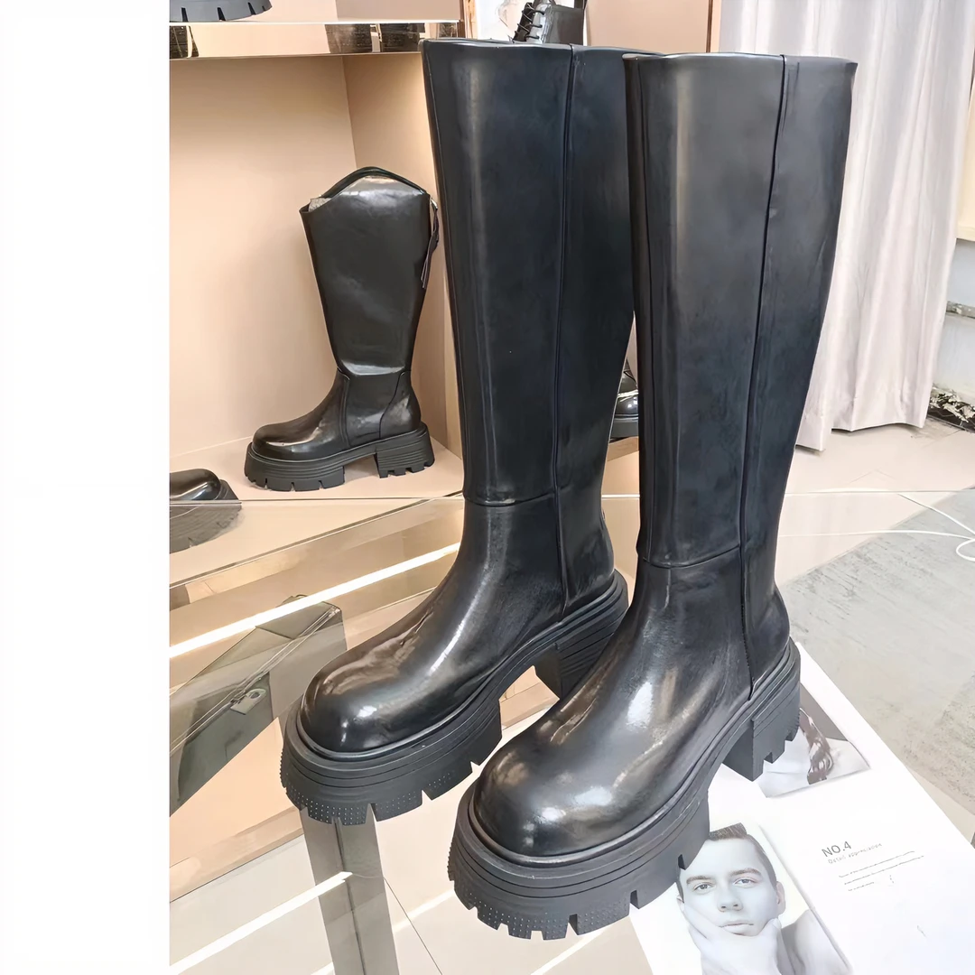 福利特价长筒靴女骑士靴秋冬新款真皮增高厚底粗跟显腿直复古高靴
