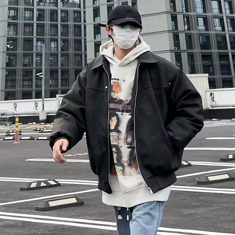 2024水洗磨砂皮柳钉皮棉衣潮流复古宽松皮衣夹克外套加厚夹克棉衣