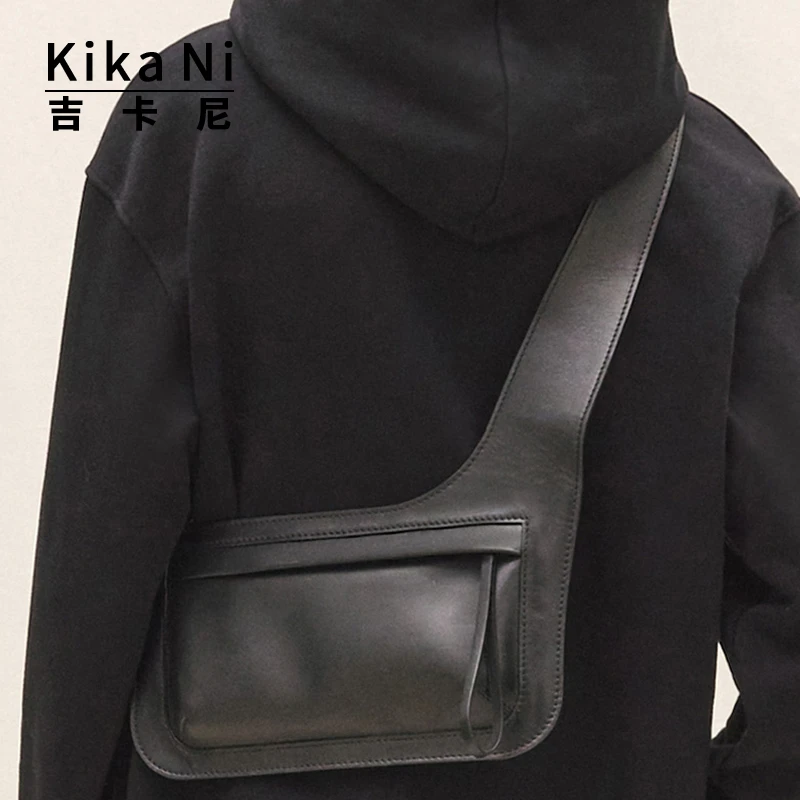 Kika Ni真皮斜挎腋下包ins潮牌宽肩带长方形单肩包男士mini小胸包