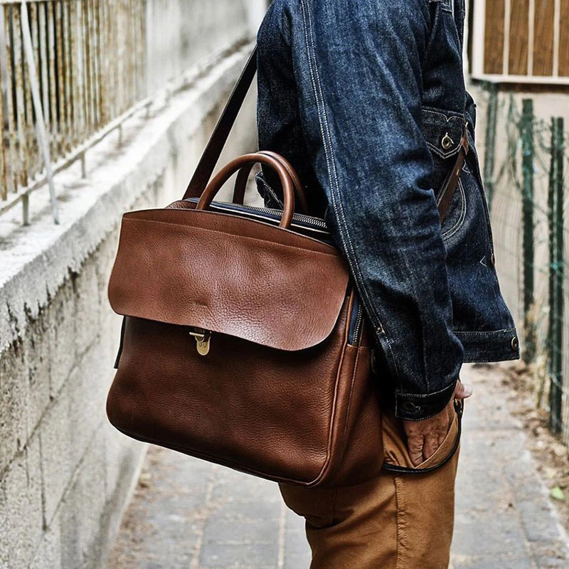 吉卡尼美式公文包商务多功能斜挎包真皮复古质感男生手提单肩包