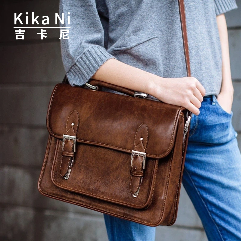 KiKa Ni牛皮斜挎包复古剑桥包手拎邮差相机包收纳微单单反公文包
